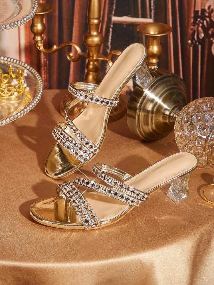 CUCCOO TILAWA Women's Round Toe Patent Leather Gold Rhinestone Belt Winding Belt Decoration Spring And Summer New Fashion Gorgeous Wear Thick Heel High Heel Sandals