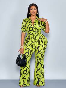 SOLERSUN Ensemble casual grande taille avec Top à manches courtes et pantalon imprimés tout-sur-tout avec ceinture - Vert - Voir 2