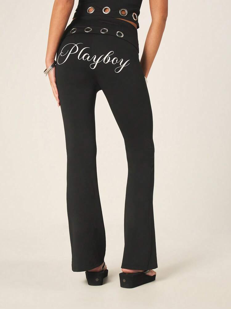Missguided x Playboy Women Black Flare Leg Pants With Metal Eyelet Detailing And High Rise Waist For Fall Winter Party Occasion