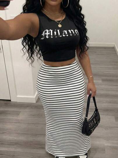 Slaydiva 新款春夏音乐节情人节休闲简约基础款Y2K街头甜美网红热销日常约会辣妹风性感休闲简约家居运动服圆领无袖米兰标语印花超短黑色背心+黑白条纹臀裙超长紧身半身裙女装两件套 -A