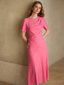 MOTF PREMIUM WOMEN'S 100% LINEN CASUAL & DATE ROUND NECK SHORT SLEEVE MIDI DRESS, SPRING/SUMMER - Hot Pink - View 6