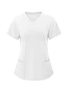 TaskEZ 纯色双口袋短袖工作服上衣 - 白色 - 查看 1