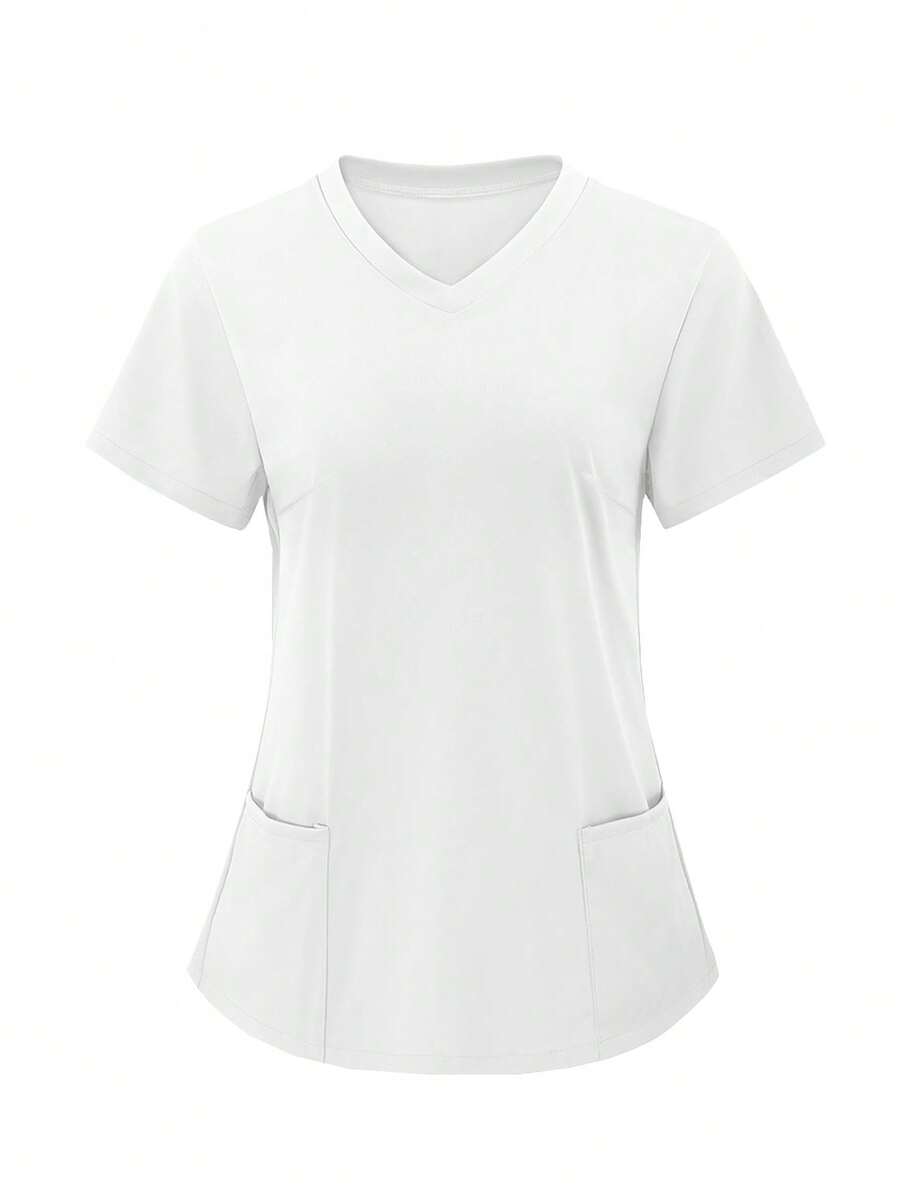 TaskEZ 纯色双口袋短袖工作服上衣 - 白色 - 查看 1