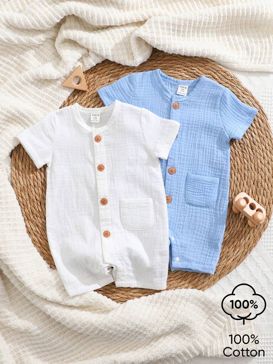 SHEIN Bộ 2 áo liền quần ngắn tay cho bé sơ sinh, size 0-1-3-6-9 tháng, màu xanh dương và trắng trơn dễ thương, thích hợp mặc cả trong nhà và ngoài trời vào mùa hè. Chất liệu 100% cotton crepe, mềm mại và thoải mái, phù hợp mặc trong nhà và ngoài trời vào mùa hè. - Nhiều màu - Xem 1