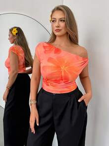 Auralis 大码女式可爱粉色碎花弹力露脐上衣，不对称领口女式连衣裙，休闲优雅简约斜肩荷叶边短袖衬衫，适合夏季/海滩度假/音乐节/优雅约会 - 粉色 - 查看 4