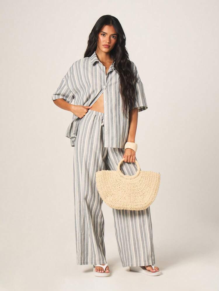 MISSGUIDED Oversized Striped Button Down Shirt And Wide Leg Trouser Two Piece Set For Casual Summer Loungewear