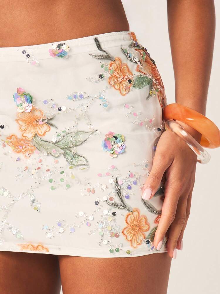 MISSGUIDED Sequin Embellished Two Piece Crop Top Mini Skirt Co-Ord Set With Floral Pattern And Rhinestone Details For Date Night Party