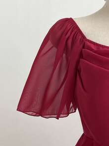 Elamini Square Neck Ruched Waist Flared Hem Women Top - Burgundy - View 6