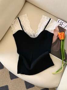 GlowEve Women's Elegant Contrast Lace Slim Fit T-Shirt For Daily Commute, Summer - Black - View 1