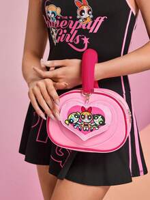 THE POWERPUFF GIRLS X SHEIN 1个涤纶面料爱心绗缝手提包，可爱爱心吊坠，可收纳钱包、纸巾、手机等日常外出用品，适合女性和学生，可爱俏皮，花朵、泡泡、毛茛花图案。 - 粉色 - 查看 4