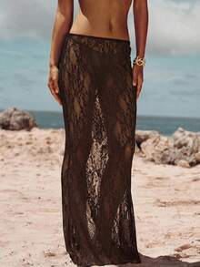 Opulessa Casual Solid Color Knit Lace Low Waist Fitted Mermaid Skirt - Coffee Brown - View 6