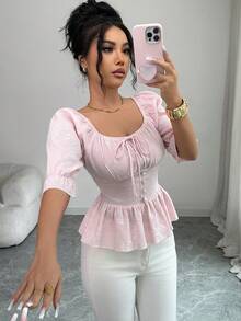 SHEIN Clasi Women's Elegant Refined Fashionable Square Collar Puff Sleeve Cinched Waist Casual/Work Chic Minimalist Pink Short Sleeve Blouse - Pink - View 4