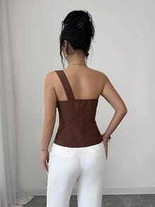 Elenzga 女士优雅精致不对称设计棕色修身露肩休闲上衣，适合日常穿着和约会。 - 棕色 - 查看 2