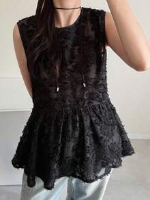 FRIFUL 女士V领纹理宽松无袖背心外套 - 黑色 - 查看 2