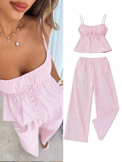 Siren Gaze Camisole Crop Top & Wide Leg Pants Set, Buttoned Striped Blouse, Energetic College Style Outfit, Spring/Summer New Arrivals 2pcs Women Summer Casual Commuter Vest & Pants Set Pink  Women's Casual Homewear Pajama Set, Includes Striped Crew Neck  Sleeveless Top  And Relaxed Straight Leg Striped Pants, Suitable For Daily Wear, Sports, Autumn/Winter,Cozy Fall And Winter Clothes For Women Women's Fashion Casual Striped Camisole & Pants 2 Pieces Set Women's 2pcs Set Loose Striped Drop Shoulder  T-Shirt &Elastic Waist Striped Pants, Winter Sweater Suit ,Autumn/Winter,Cozy Fall And Winter Clothes For Women Thanks Giving Pink Casual Spring