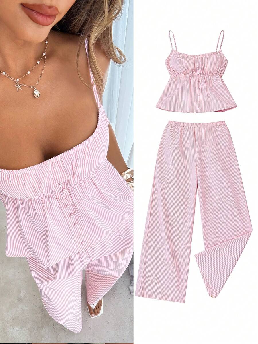 Siren Gaze 1108# 女士时尚休闲条纹吊带背心和裤子两件套 - 白色 - 查看 1