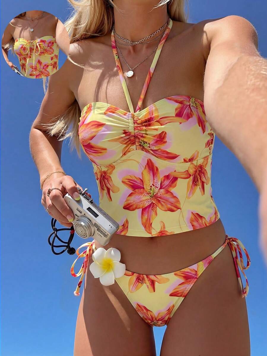 Swim Mod 女士热带花卉印花两件式比基尼套装，挂脖系带，侧系带，沙滩度假比基尼套装 - 彩色 - 查看 1