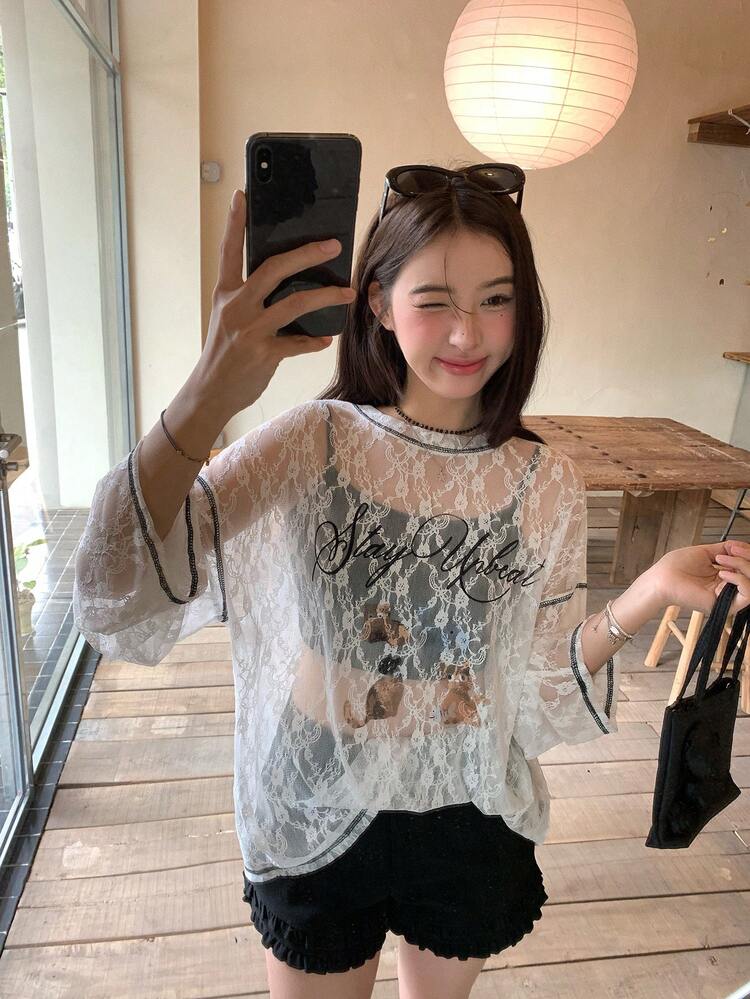 Women's Lace Long Sleeve Contrast Color Print Korean Style Blouse
