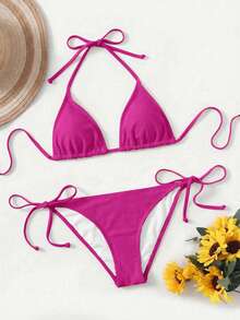 SHEIN Swim 女士性感露背系带开衩比基尼套装，简约纯色，适合海滩度假 - 玫紅色 - 查看 3