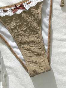 Swim Mod Women's Bikini Set 2-Piece,White,Summer,Elegant,Pool Party,Holiday,Bow Decor Ribbon Floral Texture Triangle Cup Swimwear,Boho Beach Resort Outfit - Baby Pink - View 6