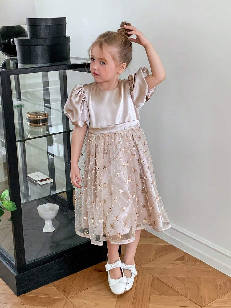 Young Girls Round Neck Fluffy Korean Style Mesh Sequin Fresh Dress Vacation