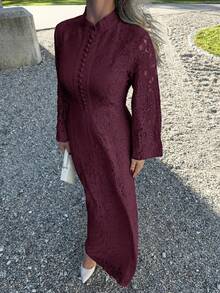 Jeta Ari 女式长袖蕾丝酒红色连衣裙 - 紫色 - 查看 3