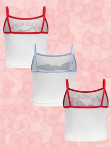 HELLO KITTY AND FRIENDS | SHEIN 女童撞色滚边细肩带休闲无袖可爱印花吊带衫 - 白色 - 查看 2