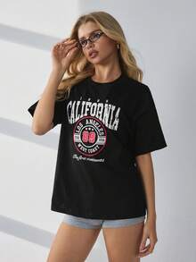 HautHeat 女士字母印花短袖家居服上衣 - 黑色 - 查看 5