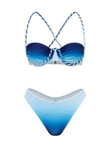 Swim SXY Women's Summer Tight Vacation Gradient Print Leisure Braided Rope Beach Mesh Skirt 3 PiecesSwimsuit - Blue - View 5