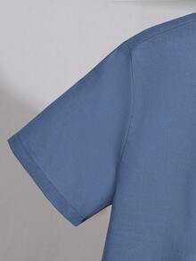 SHEIN Tween Boy Casual Loose Comfortable Contrast Color Button-Down Short Sleeve Shirt - Dusty Blue - View 3