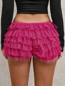 SHEIN SXY Quần áo nữ mùa thu; Quần short mini cạp thấp chấm bi ren xếp nếp kiểu ba lê cho thiếu nữ; Thích hợp cho buổi hẹn hò, tiệc độc thân, tiệc cocktail, tiệc Giáng sinh. - Màu Hồng Tươi - Xem 3