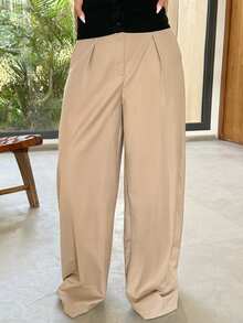 Mélanie ORL 超宽腿褶裥西装套装，仅含长裤，适合约会、外出、夜生活、工作、办公室、派对、优雅场合，以及情人节等春季穿着。 - 卡其色 - 查看 4
