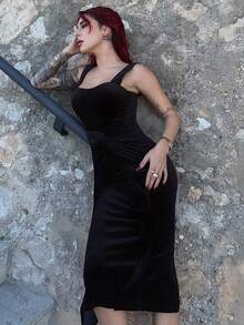 Bearsaez 前部扭结、宽肩带优雅裹身连衣裙 - 黑色 - 查看 4