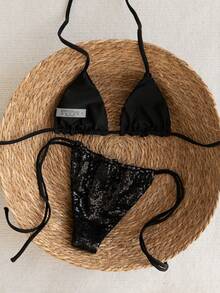 Swim Vcay Bộ bikini hai mảnh màu xanh lá cây lấp lánh, dây mảnh, hở lưng, buộc dây bên hông, cạp cao, thích hợp cho mùa Xuân/Hè 2026, dành cho người nổi tiếng trên mạng xã hội. - màu đen - Xem 2