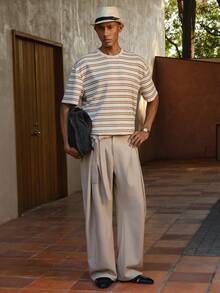 AKNOTIC Business Casual Men's Casual Regular Fit Short Sleeve Round Neck T-Shirt, Summer - Apricot - View 4