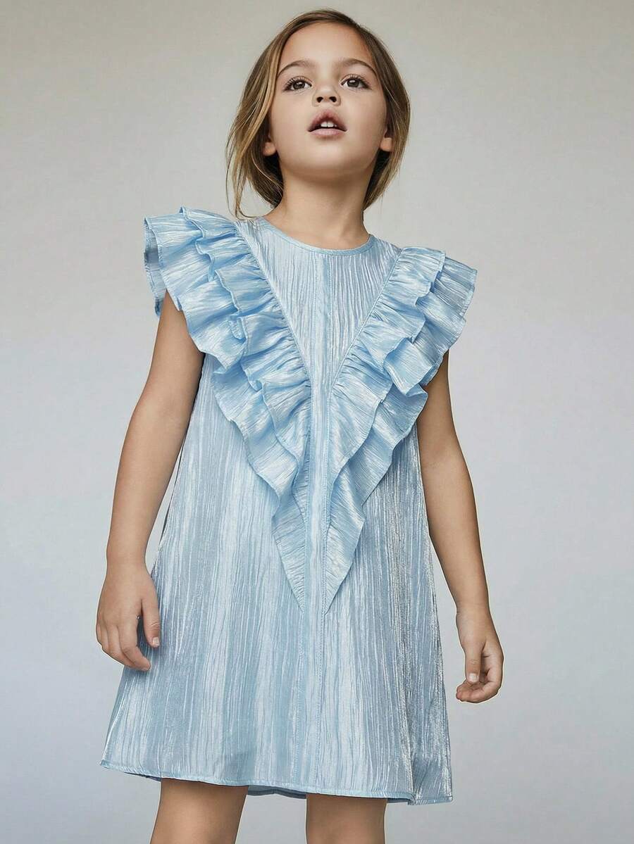 Maija Kids 1pc Young Girls' Casual Urban Elegant Round Neck Ruffle Trim Sleeveless Woven Blue Dress, Suitable For Daily Wear, Back To School, Outings, Gatherings, Festivals, Spring & Summer - Blue - View 1