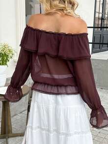 DAZY Summer Vacation Outfit Pink Lace Patchwork Off-Shoulder Loose Blouse For Women - Brown - View 2