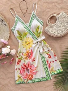 Soleia 大码女式热带元素棕榈叶吊带迷你裹身裙 - 彩色 - 查看 2