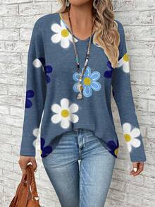 EMERY ROSE Áo thun tay dài cổ chữ V hở vai họa tiết hoa đơn giản, tiện dụng, dễ mặc khi đi làm hàng ngày cho nữ - Màu xanh lam - Xem 4