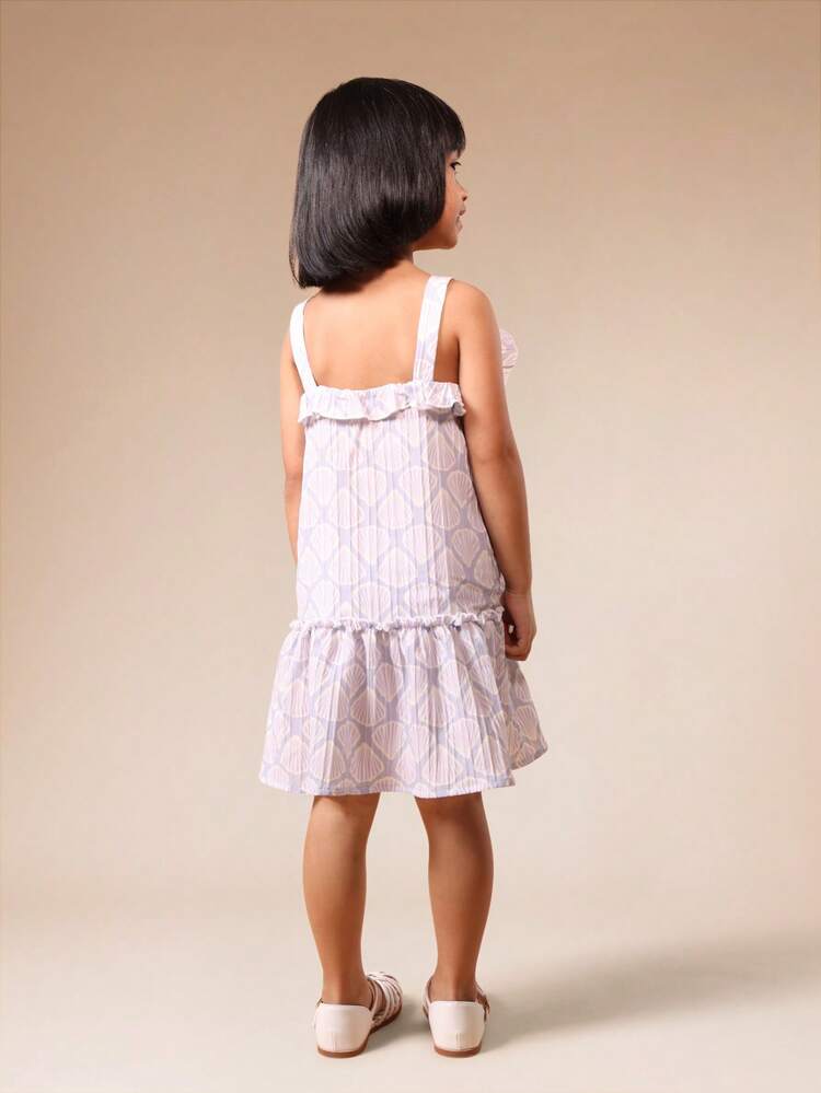 Girls Ruffle Shell Sleeveless A-Line Dress With Seashell Pattern Mini Length Summer Spring Casual Tiered Flounce Hem Spaghetti Strap Sundress