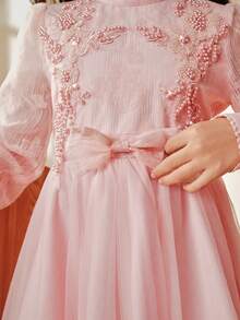Anewsta 女童长袖薄纱荷叶边珍珠公主裙，粉色，春夏款 - 粉色 - 查看 3