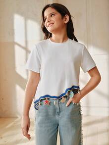 Anewsta Camiseta blanca casual con colgante de océano para niñas preadolescentes, primavera/verano - Beis - Ver 6
