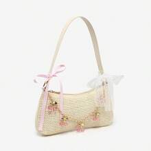 ROMWE Kawaii Túi đeo vai/đeo chéo kiểu dáng cổ điển dành cho nữ, trang trí nơ và dây xích đính ngọc trai giả, túi vintage. - Màu trắng nhạt - Xem 5