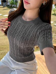 DAZY 女士圆领露背镂空扭结装饰纯色针织上衣 夏季 - 灰色 - 查看 9