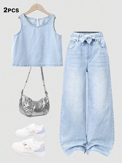 Tween Girls' Casual Denim Set, New Fashionable Minimalist Comfortable Light Blue Washed Denim Outfit