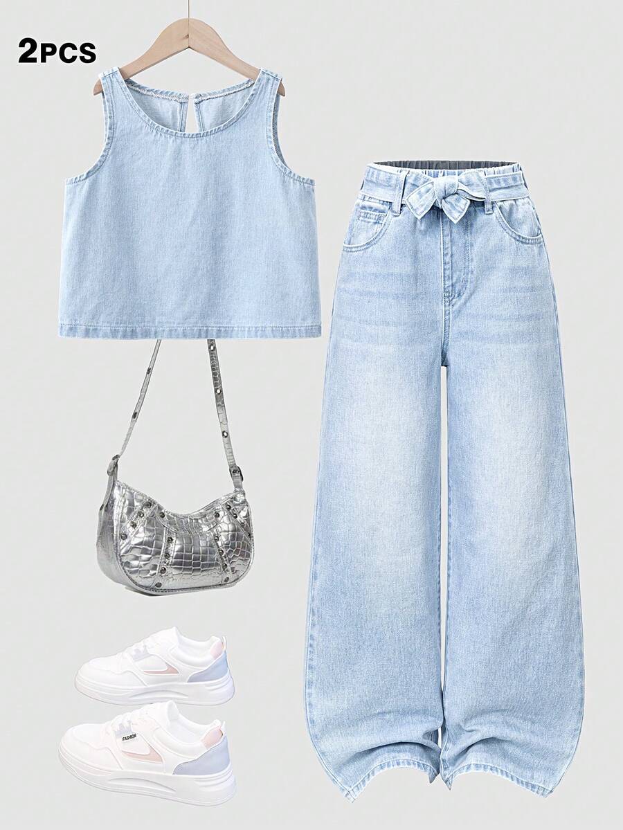 少女休闲牛仔套装，新款时尚简约舒适浅蓝色水洗牛仔服 - 藍色 - 查看 1