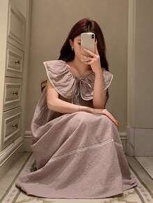 DAZY 女款甜美花卉荷葉領寬鬆長款睡袍，對比色滾邊，夏季睡衣 - 淺灰紫 - 查看 11