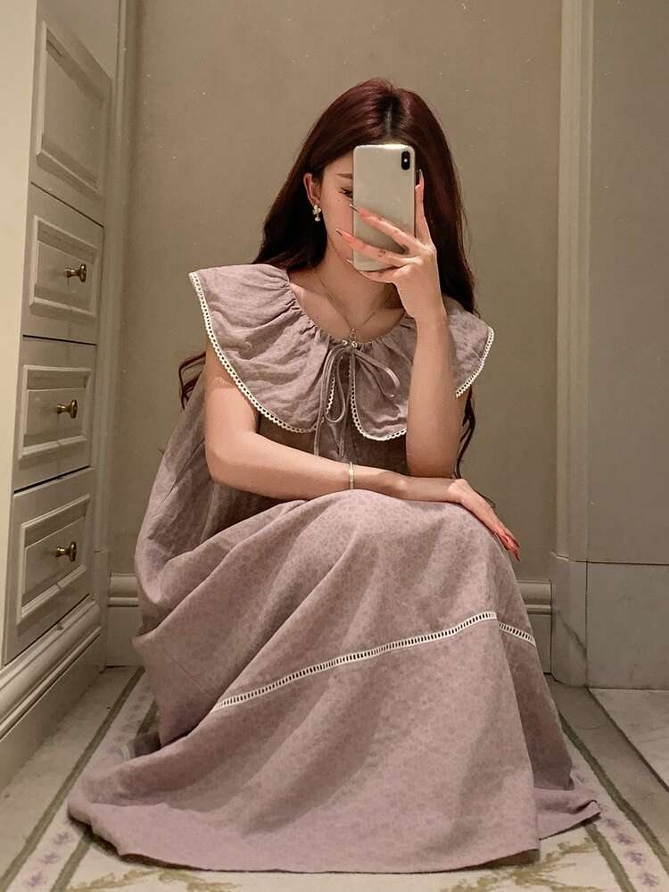 Sweet Floral Ruffle Collar Loose Long Nightgown With Contrast Trim For Women