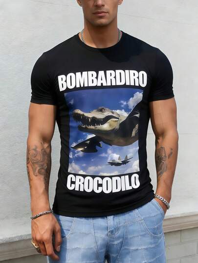 Manfinity Roghcode 男士休闲趣味鳄鱼印花嘻哈短袖T恤，夏季运动上衣