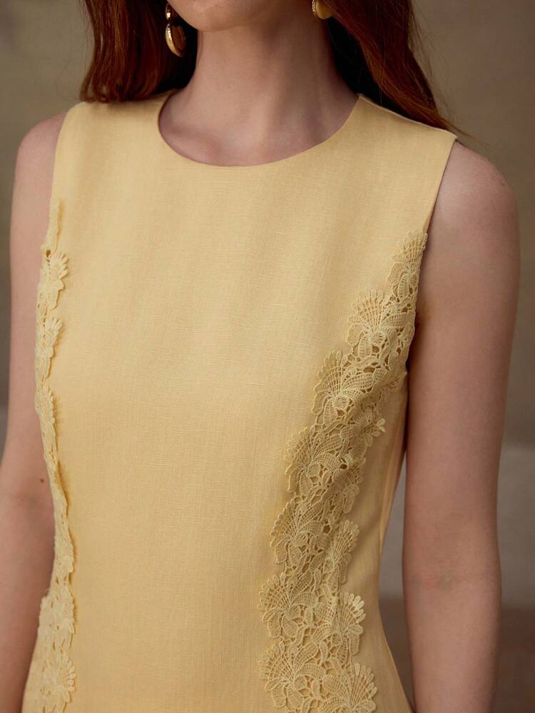 49% LINEN LACE PATCHWORK ROUND NECK SLEEVELESS CASUAL/DATE YELLOW DRESS, SPRING/SUMMER